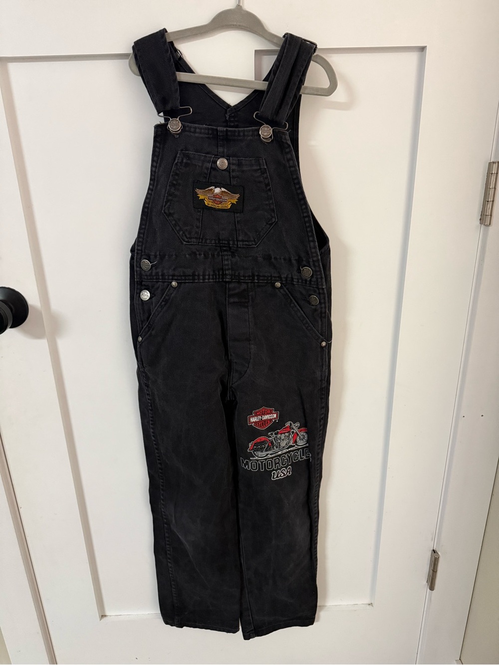 Vintage Harley Davidson Black Motorcycle Patch Denim Overalls